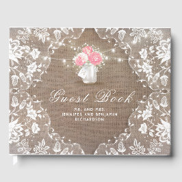 Livro De Visitas Casamento de rendas de peony Mason Jar Rustic Burl