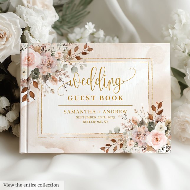 Livro De Visitas Casamento de Rosa claro Dourada do outono com Aqua (Stylish Light Pink Gold Autumn Watercolor Wedding Guest Book)