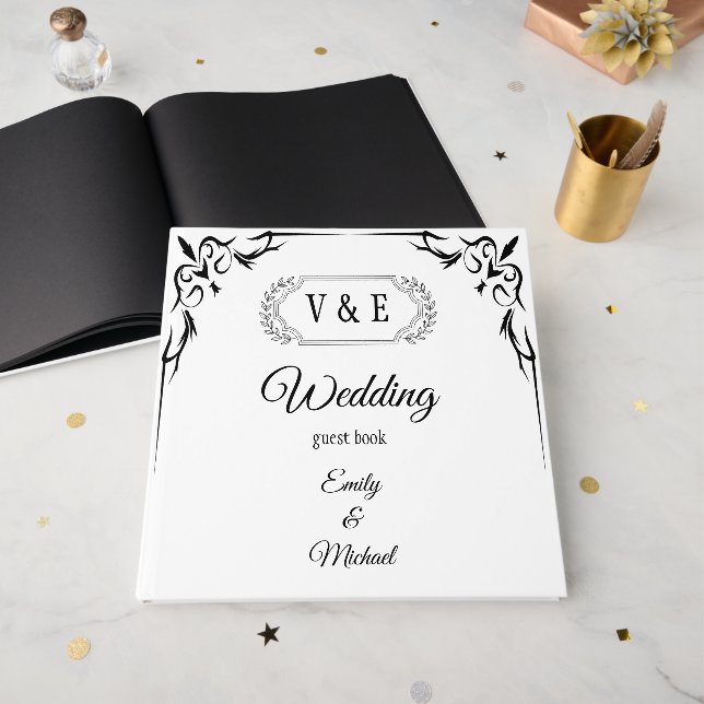 Livro De Visitas Casamento de Rosa preto elegante (Frente aberta)