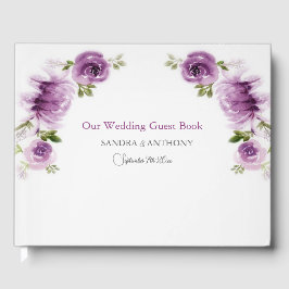Livro De Visitas Casamento de Rosas e Peônias em Aquarela Fuchsia