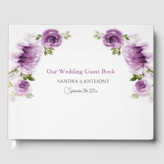 Livro De Visitas Casamento de Rosas e Peônias em Aquarela Fuchsia