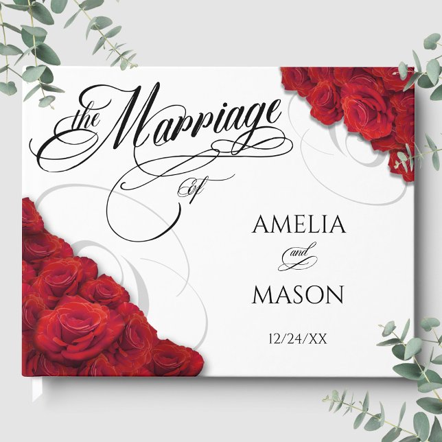 Livro De Visitas Casamento de Rosas Vermelhas Caligrafia Script Fot (Photo Red Roses Calligraphy Script Wedding Guest Book Front)