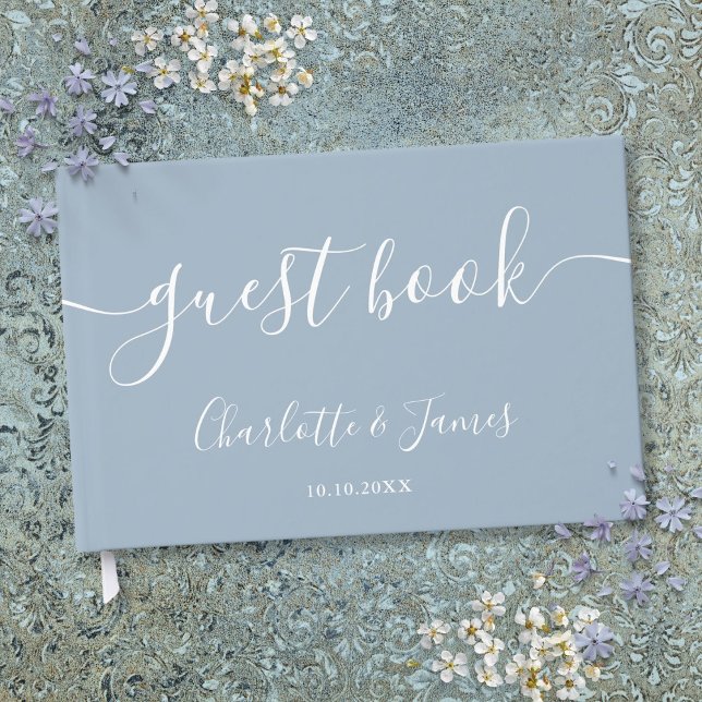 Livro De Visitas Casamento de Script de Assinatura Azul Dusty (Dusty Blue Signature Script Wedding Guest Book)