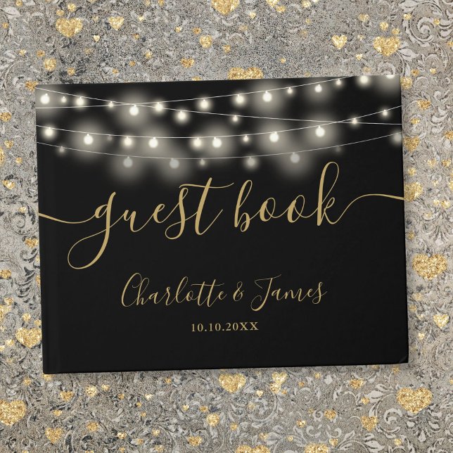 Livro De Visitas Casamento de Script de Assinatura das Luzes Dourad (Black Gold String Lights Signature Script Wedding Guest Book)