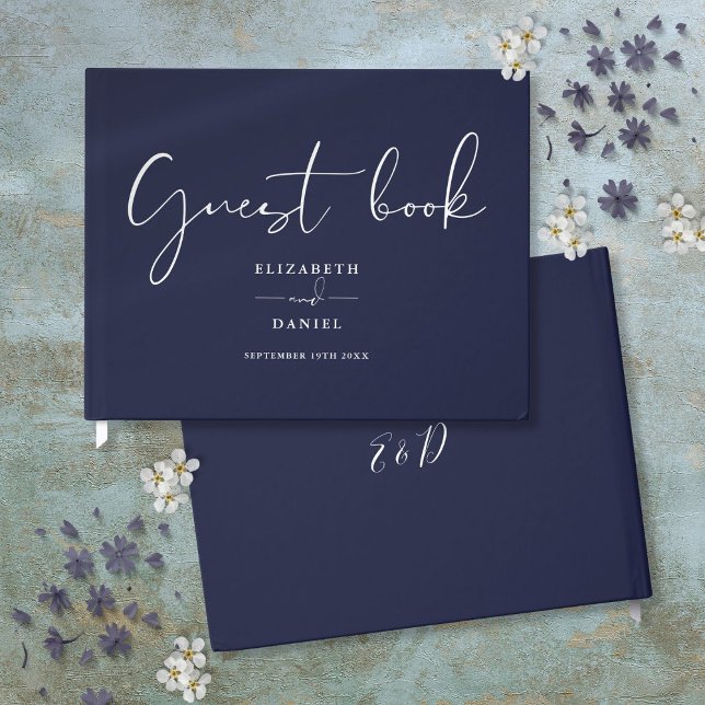 Livro De Visitas Casamento de Script Elegante Azul-marinho (Navy Blue Elegant Script Wedding Guest Book)