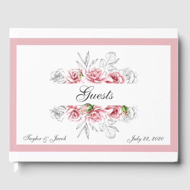 Livro De Visitas Casamento de Script Floral de Cinza Rosa Elegante (Frente)