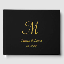 Livro De Visitas Casamento de Script Monograma Dourado e Preto Eleg