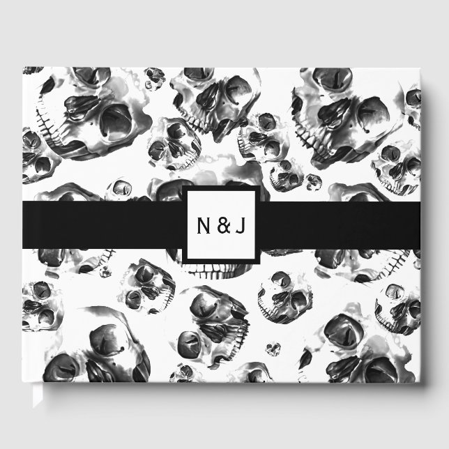 Livro De Visitas Casamento de Skeleton de preto e branco (Frente)