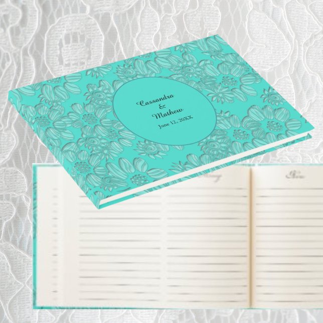 Livro De Visitas Casamento de Turquesa Floral Romântica das Visitas (Elegant Romantic Daisies Floral Turquoise Wedding Guest Book)