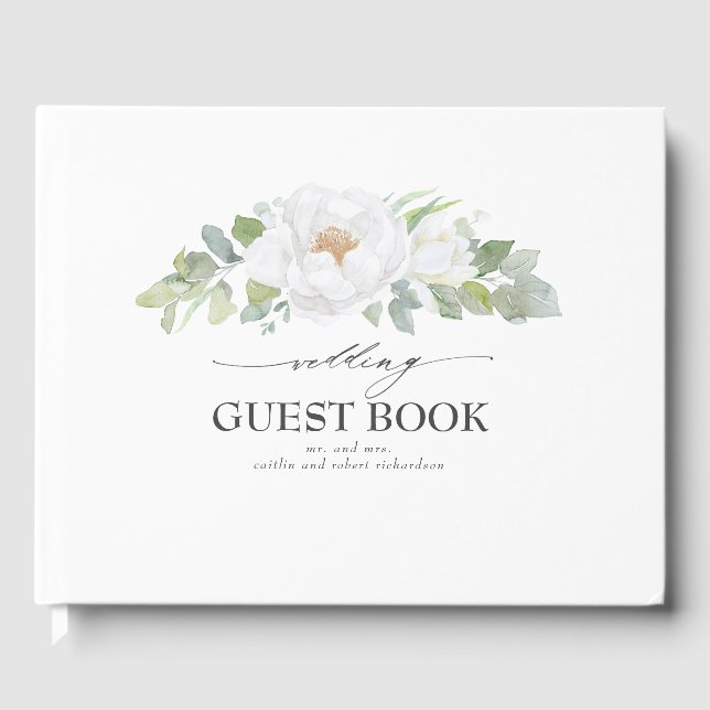 Livro De Visitas Casamento de White Peony Floral Greenery (Frente)