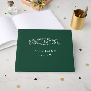 Livro De Visitas Casamento do monograma da crista botânica Emerald
