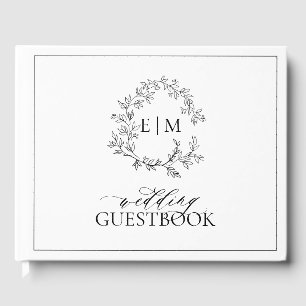 Livro De Visitas Casamento do Monograma de Folha Branca Preta