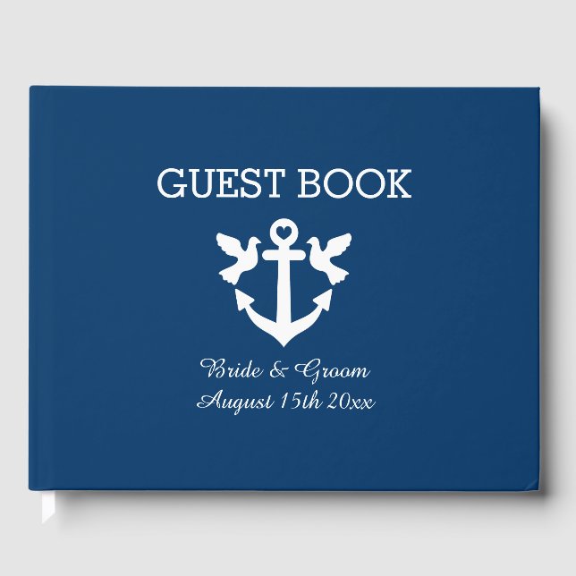Livro De Visitas Casamento do símbolo branco da âncora náutica Chic (Frente)