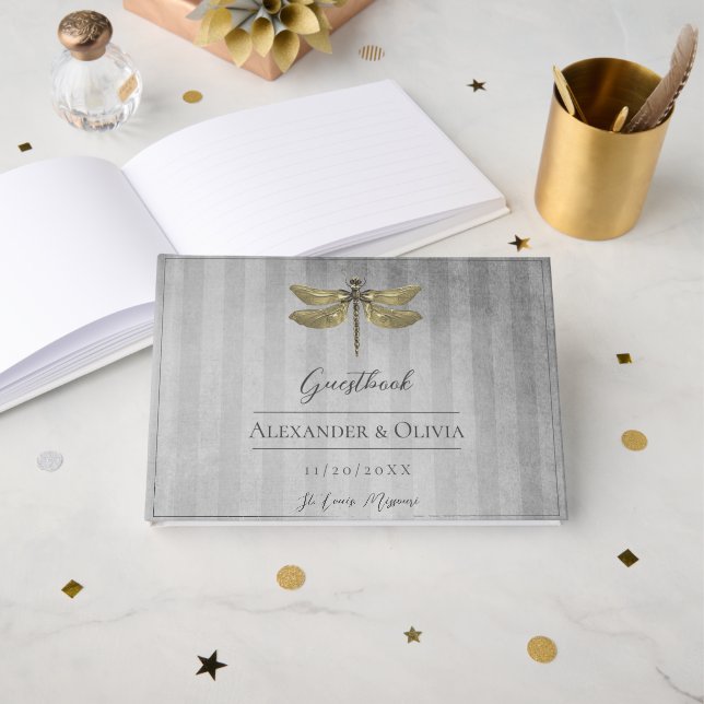 Livro De Visitas Casamento Dourado com Dragonfly (Frente aberta)