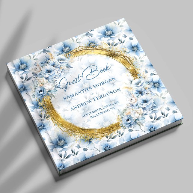 Livro De Visitas Casamento Dourado Com Lobras Azuis Pastel (Elegant Pastel Blue Flowers Gold Glitter Wedding Guest Book)