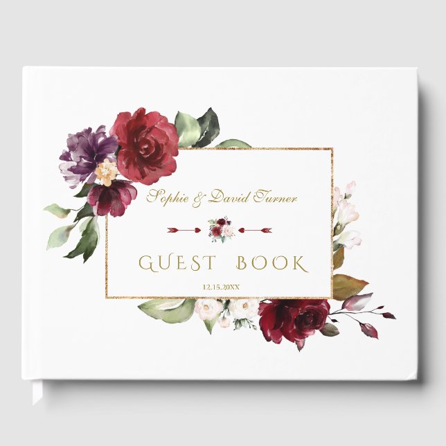 Livro De Visitas Casamento Dourado das Flores Real Burgundy (Frente)