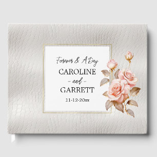 Livro De Visitas Casamento Dourado de Couro Branco Faux Rosas Blush