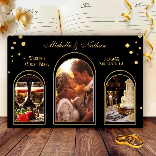 Livro De Visitas Casamento Dourado de Fotografia Negra de Confetti (Wedding guest book featuring your custom photos framed by black with festive gold sparkled confetti)