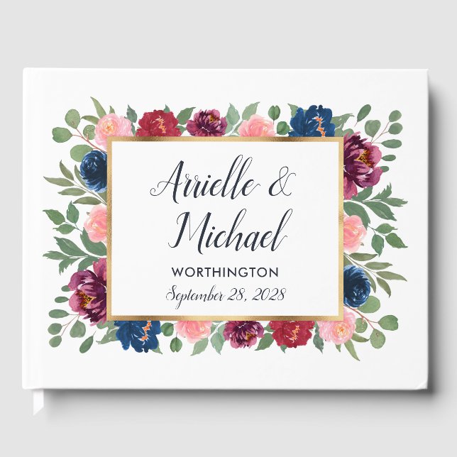 Livro De Visitas Casamento Dourado de Marsala Azul-Marinho-Rosa-Blu (Frente)
