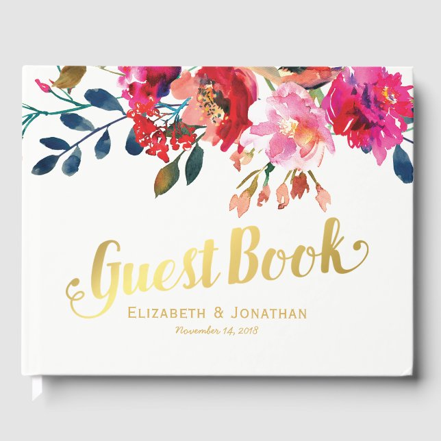 Livro De Visitas Casamento Dourado de Na moda de Aquarela Floral El (Frente)
