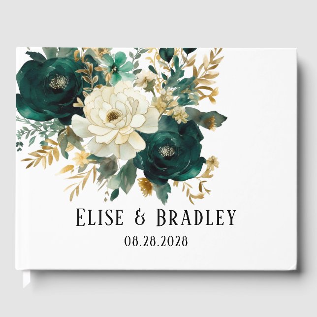 Livro De Visitas Casamento Dourado de Peonies Emerald Green e White (Frente)