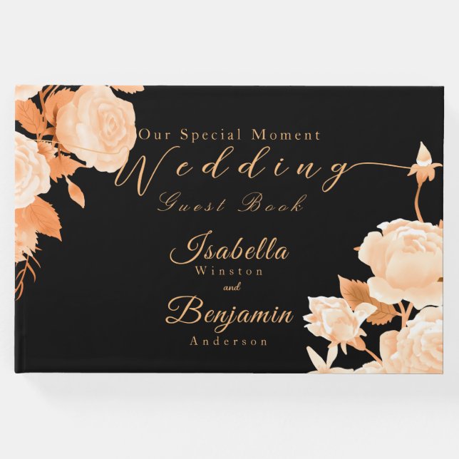 Livro De Visitas Casamento Dourado e elegante de Rosa negro (Frente)