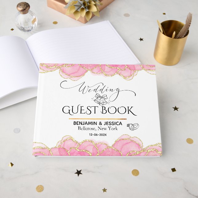 Livro De Visitas Casamento Dourado e rosa elegante (Frente aberta)