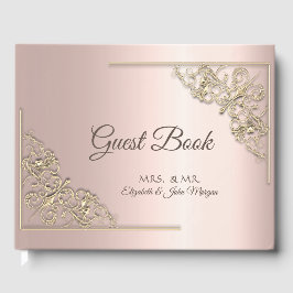 Livro De Visitas Casamento Dourado Elegante de Frame Rosa