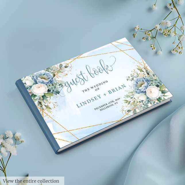 Livro De Visitas Casamento Dourado Floral Azul Rústico Moderno (Modern Rustic Dusty Blue White Gold Floral Wedding Guest Book)