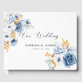 Livro De Visitas Casamento Dourado Floral Branco Dusty Blue