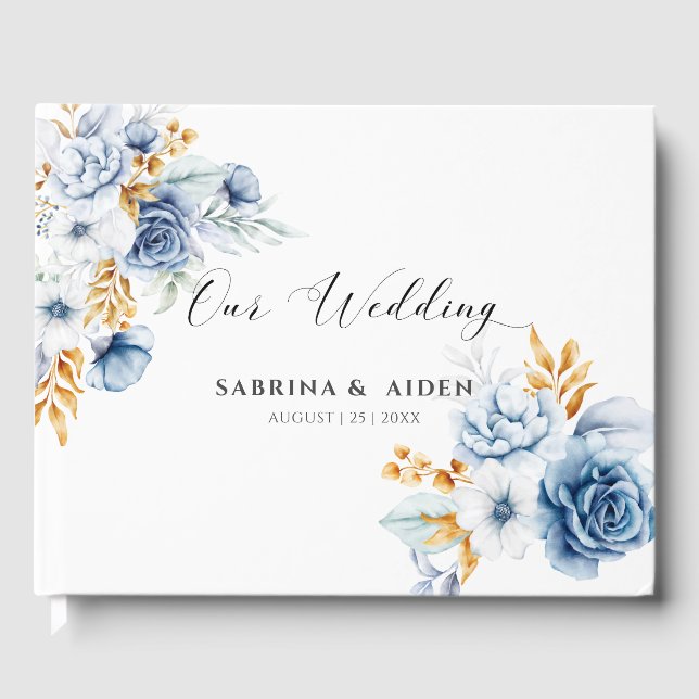 Livro De Visitas Casamento Dourado Floral Branco Dusty Blue (Frente)