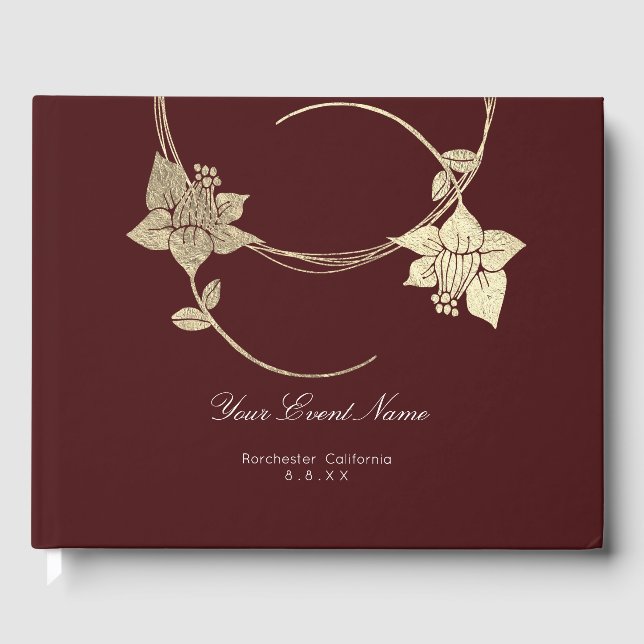 Livro De Visitas Casamento Dourado Floral da Burgundy Maroon (Frente)