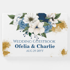 Livro De Visitas Casamento Dourado Floral de Elegante Dusty Blue Wa