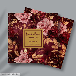 Livro De Visitas Casamento Dourado Floral Elegante Blush Burgundy