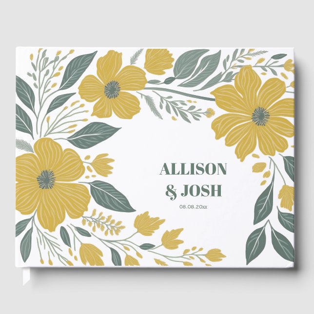 Livro De Visitas Casamento Dourado Floral Moderno Amarelo (Frente)