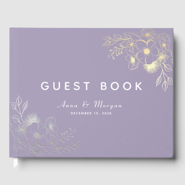 Livro De Visitas Casamento Dourado Floral Roxo Elegante (Frente)