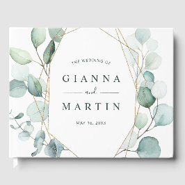 Livro De Visitas Casamento Dourado Geométrico de Folhagem de Granja