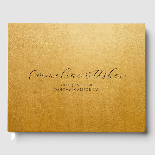 Livro De Visitas Casamento Dourado Personalizado de Serif de Script (Frente)