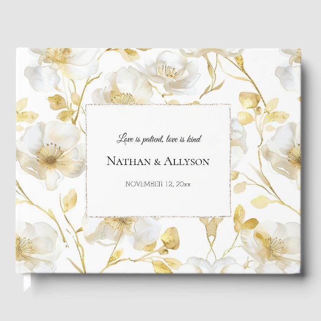 Livro De Visitas Casamento Dourado Romântico Branco Floral (Frente)