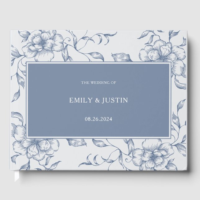 Livro De Visitas Casamento Elegante Azul-Dusty Floral (Frente)