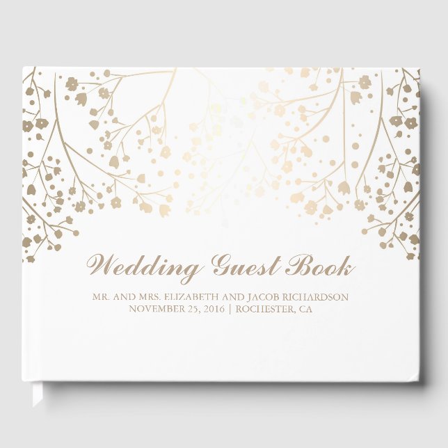 Livro De Visitas Casamento Elegante Branco Floral Branco e Dourado (Frente)