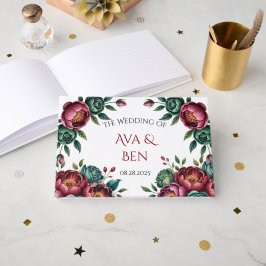 Livro De Visitas Casamento Elegante Burgundy e Emerald Peony