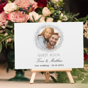 Livro De Visitas Casamento elegante com foto de prata branca