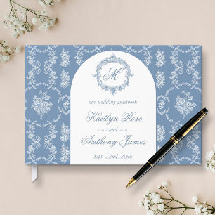 Livro De Visitas Casamento Elegante com Toile de Jouy Azul Vintage