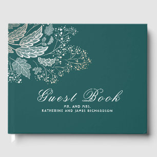 Livro De Visitas Casamento elegante da folha da cerceta e do ouro