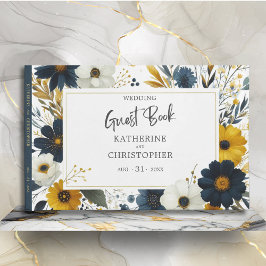 Livro De Visitas Casamento Elegante de Flores Amarelas Azul