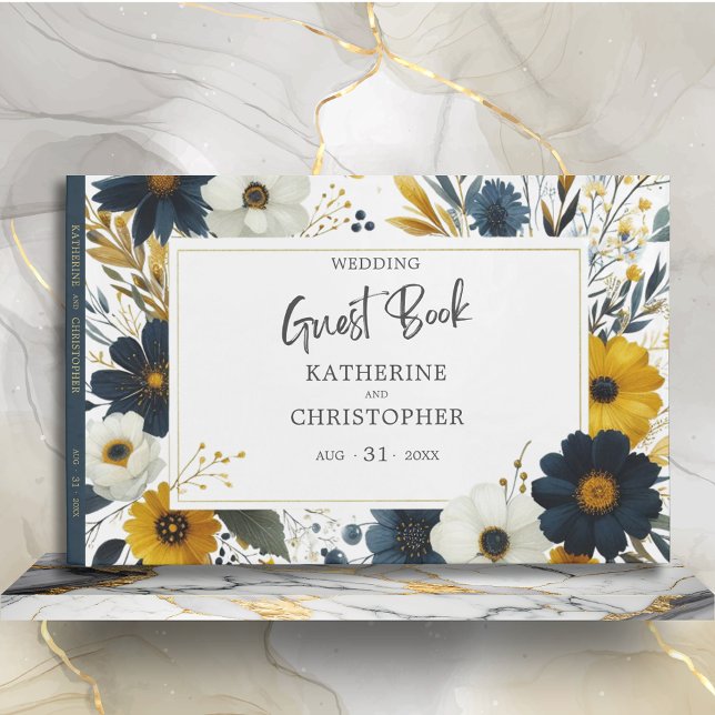 Livro De Visitas Casamento Elegante de Flores Amarelas Azul (Blue Gold Wildflower Floral Wedding Guest Book)