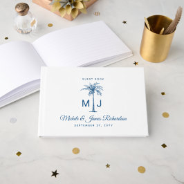 Livro De Visitas Casamento Elegante de Monograma Azul na Praia Trop