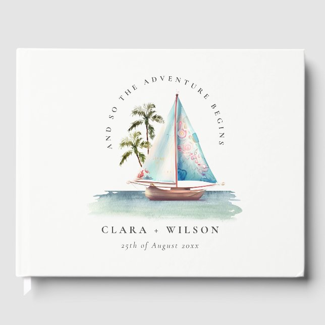 Livro De Visitas Casamento Elegante Dusky Teal Sailboat Palm Seasca (Frente)