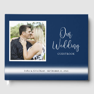Livro De Visitas Casamento Elegante em Azul Escuro com Letra Cursiv